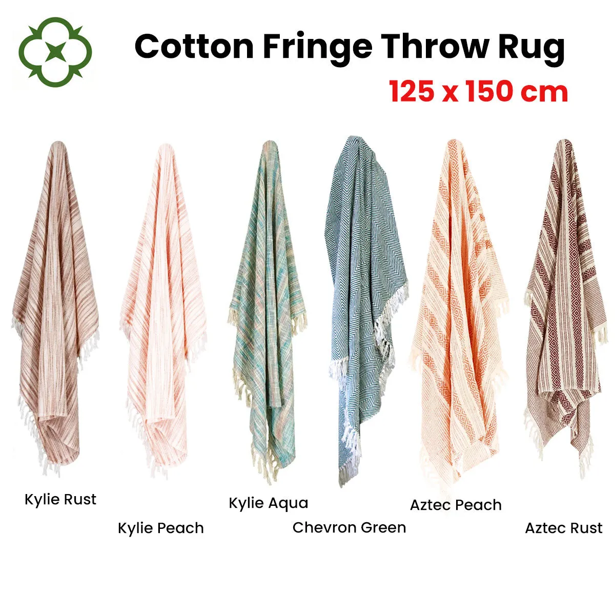 100% Cotton Fringe Throw Rug | 125x150cm | Aztec Rust
