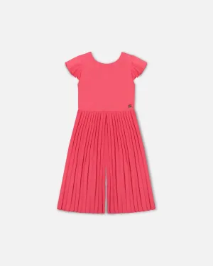 Bi-Material Pleated Wide Leg Jumpsuit Candy Pink