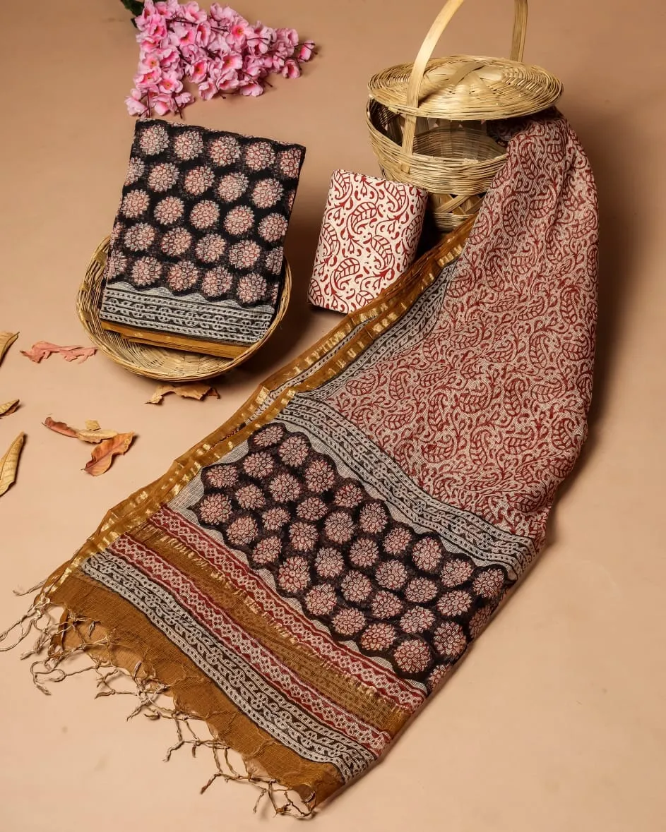 Black Kota Doria Hand BlockPrint Dress Material