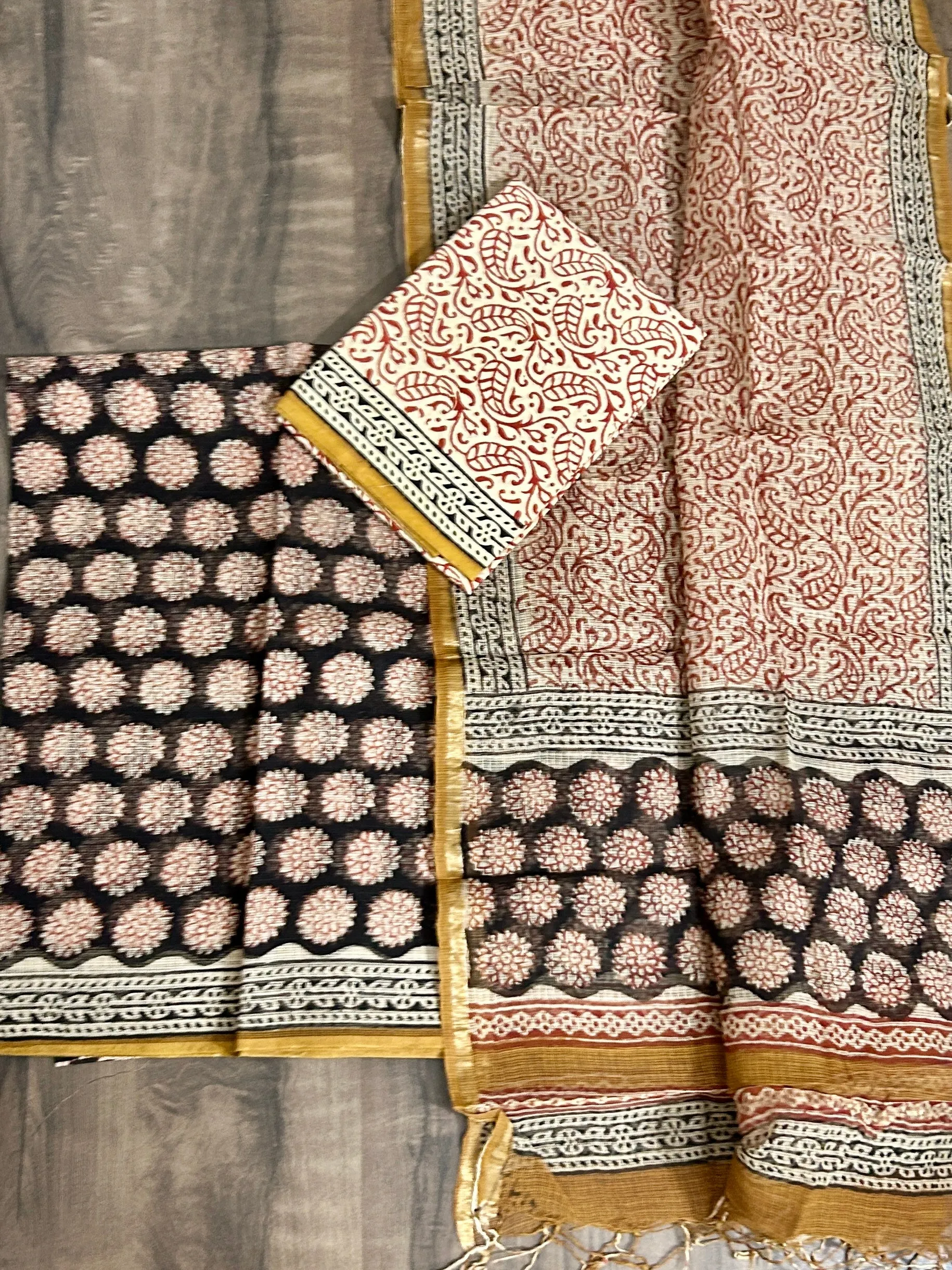 Black Kota Doria Hand BlockPrint Dress Material