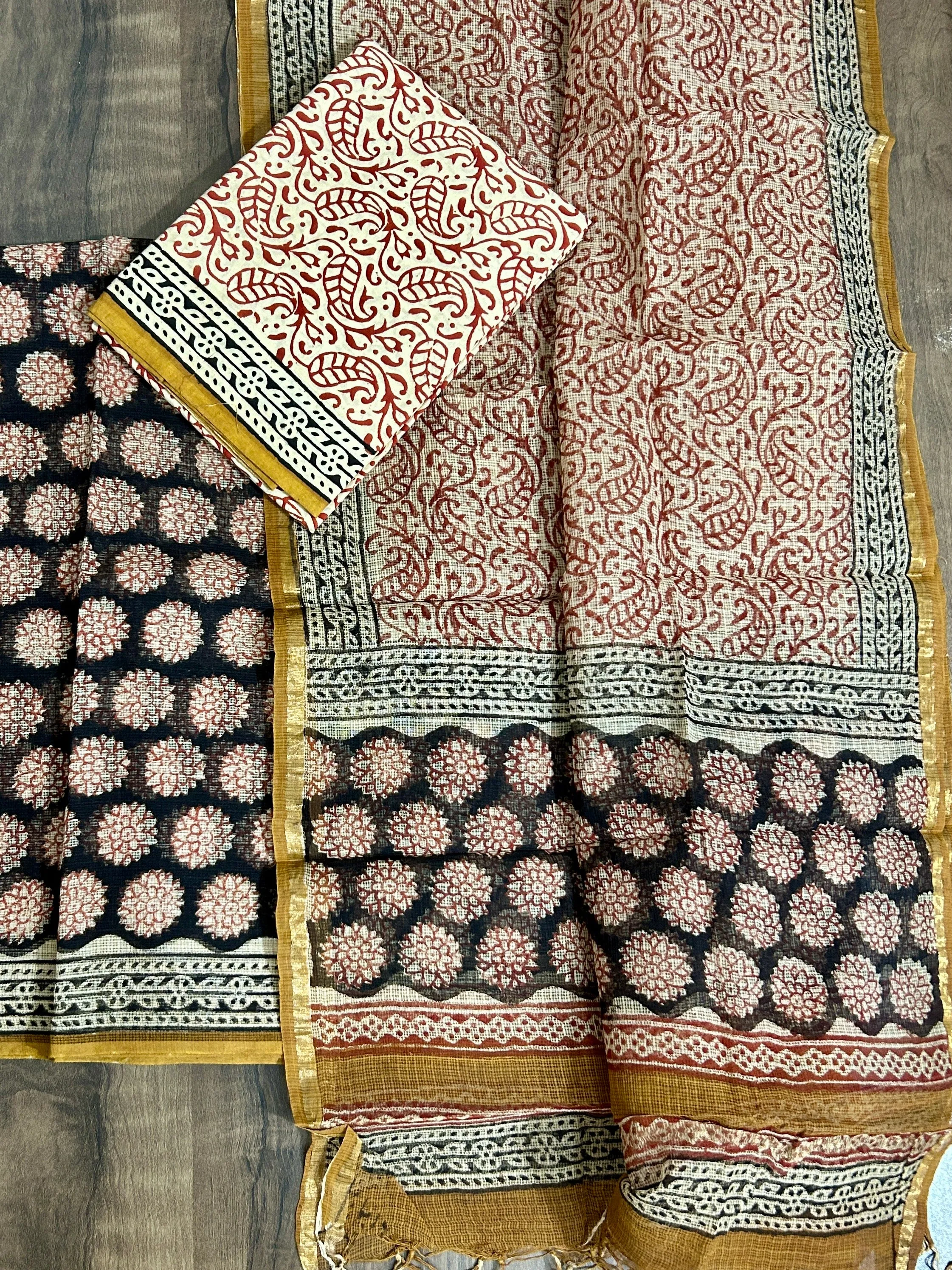 Black Kota Doria Hand BlockPrint Dress Material