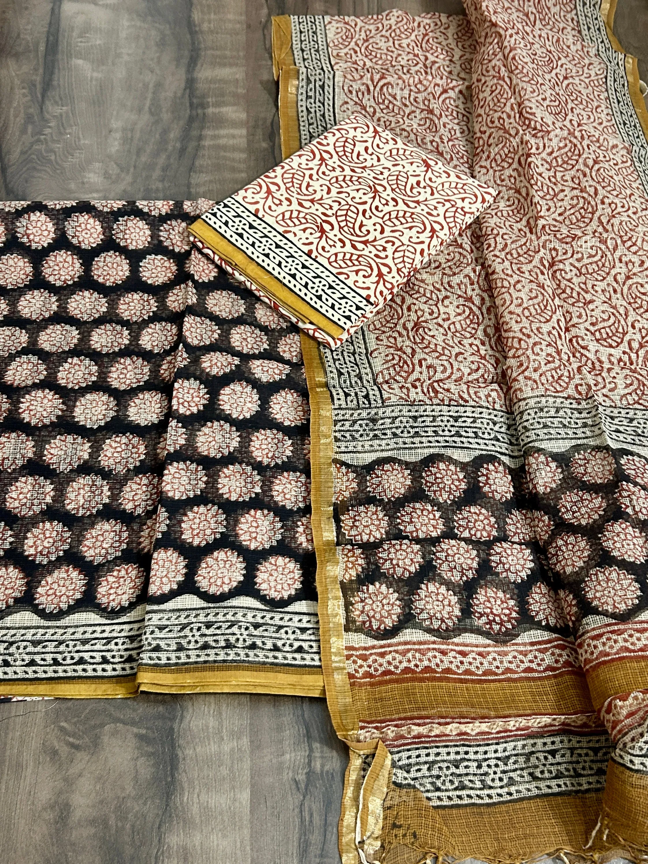 Black Kota Doria Hand BlockPrint Dress Material