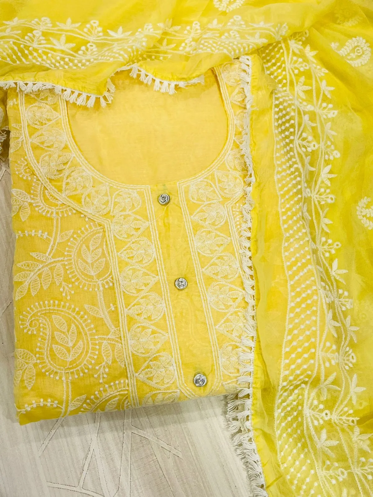 Chikan work Dress Material with Chiffon Dupatta