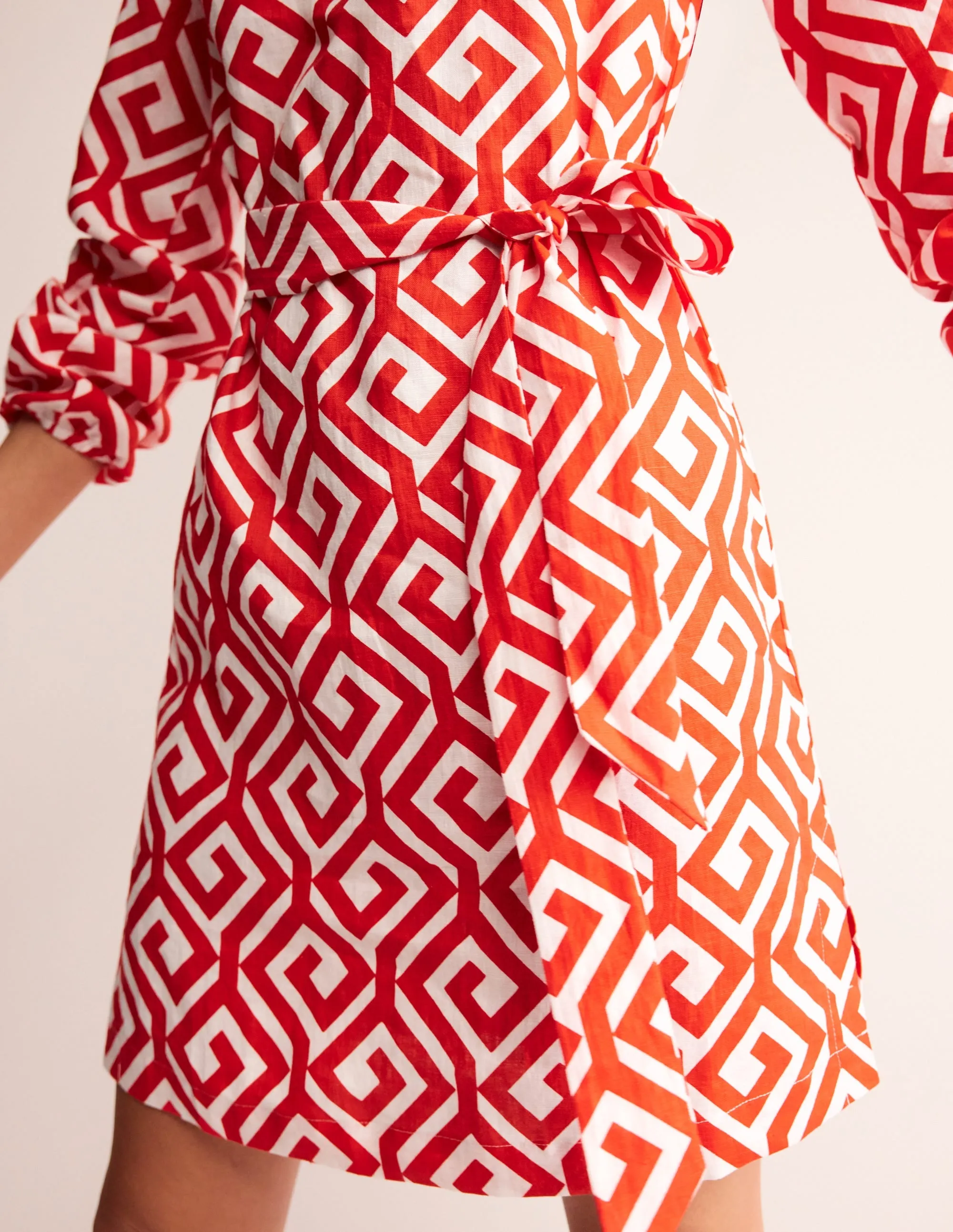 Cleo Linen Tie Waist Dress-Flame Scarlet, Maze
