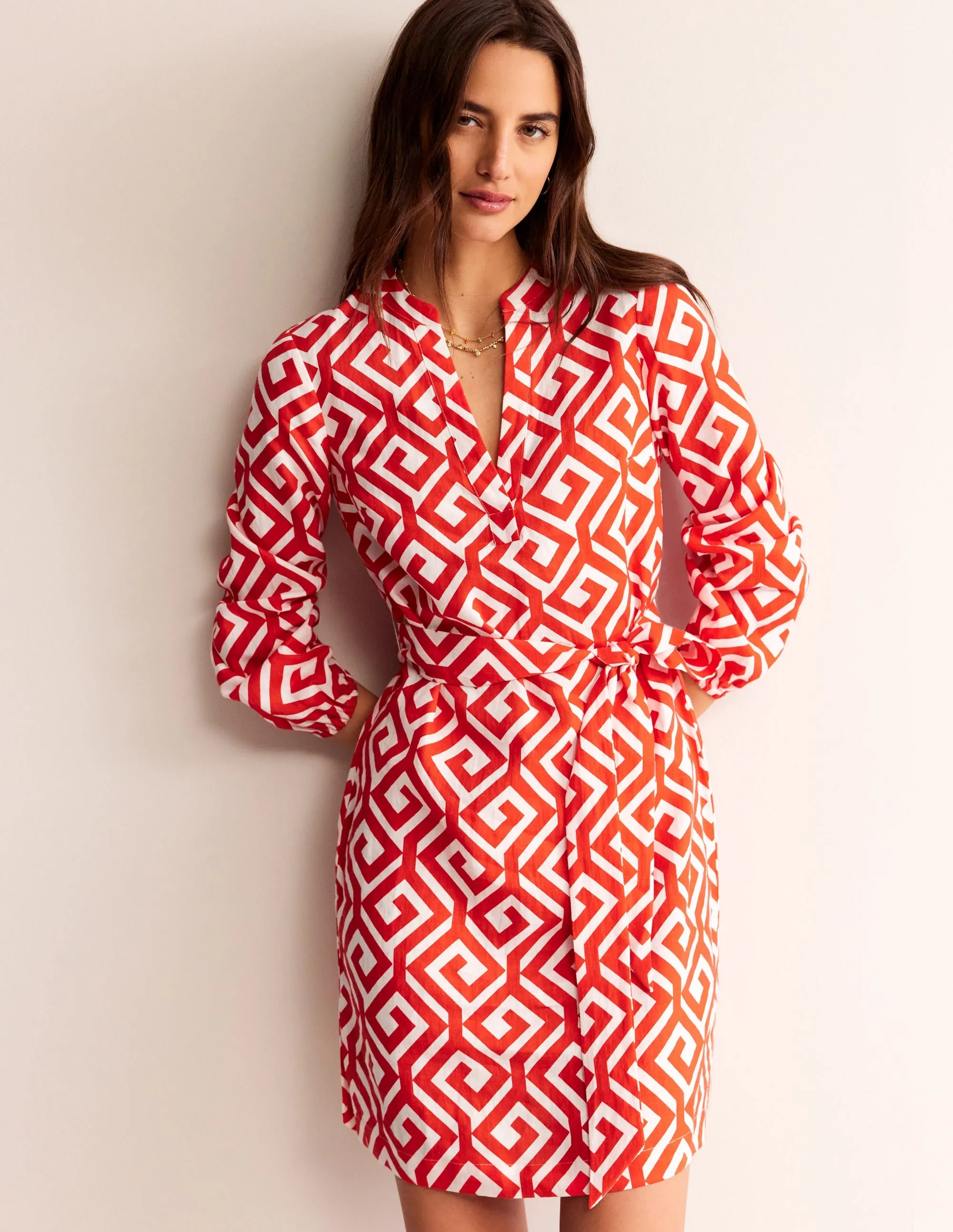 Cleo Linen Tie Waist Dress-Flame Scarlet, Maze