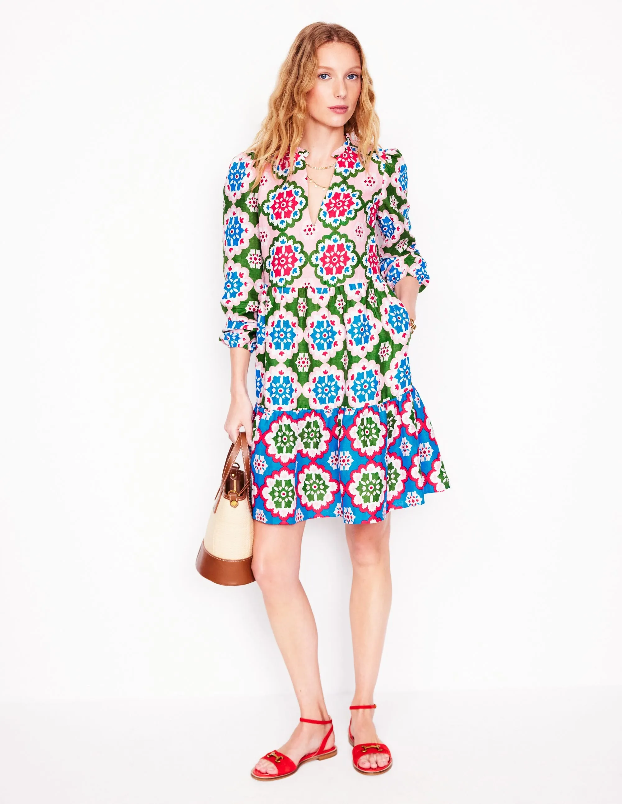 Esme Linen Short Dress-Multi, Bloom Geo
