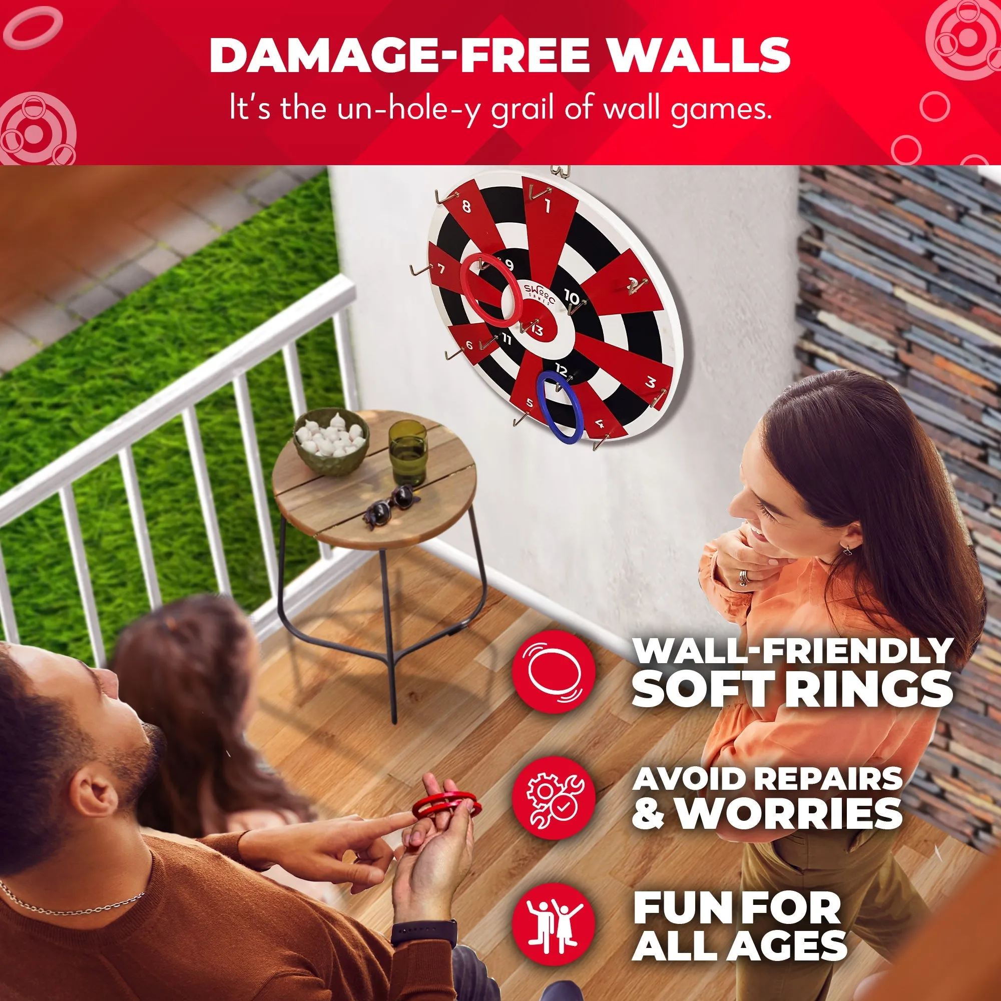 Hook Darts Ring Toss Game ‒ Wood Board and Soft Rings