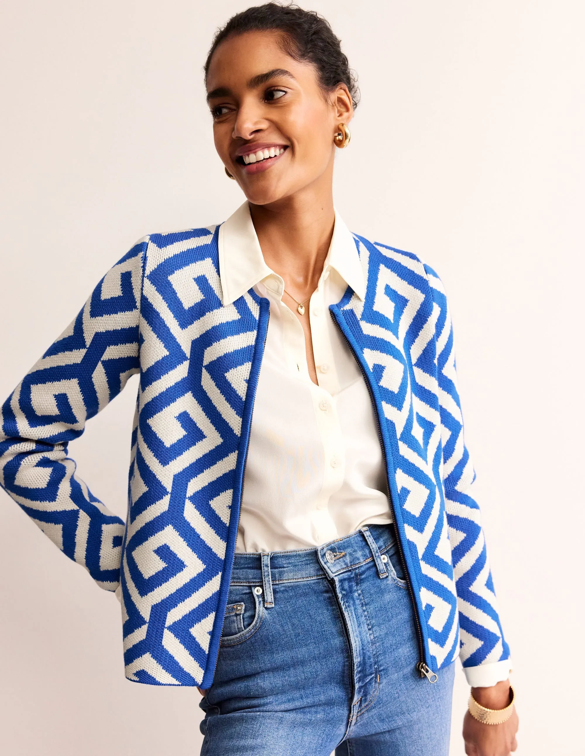 Jacquard Zip Up Cardigan-Mariner Blue, Maze