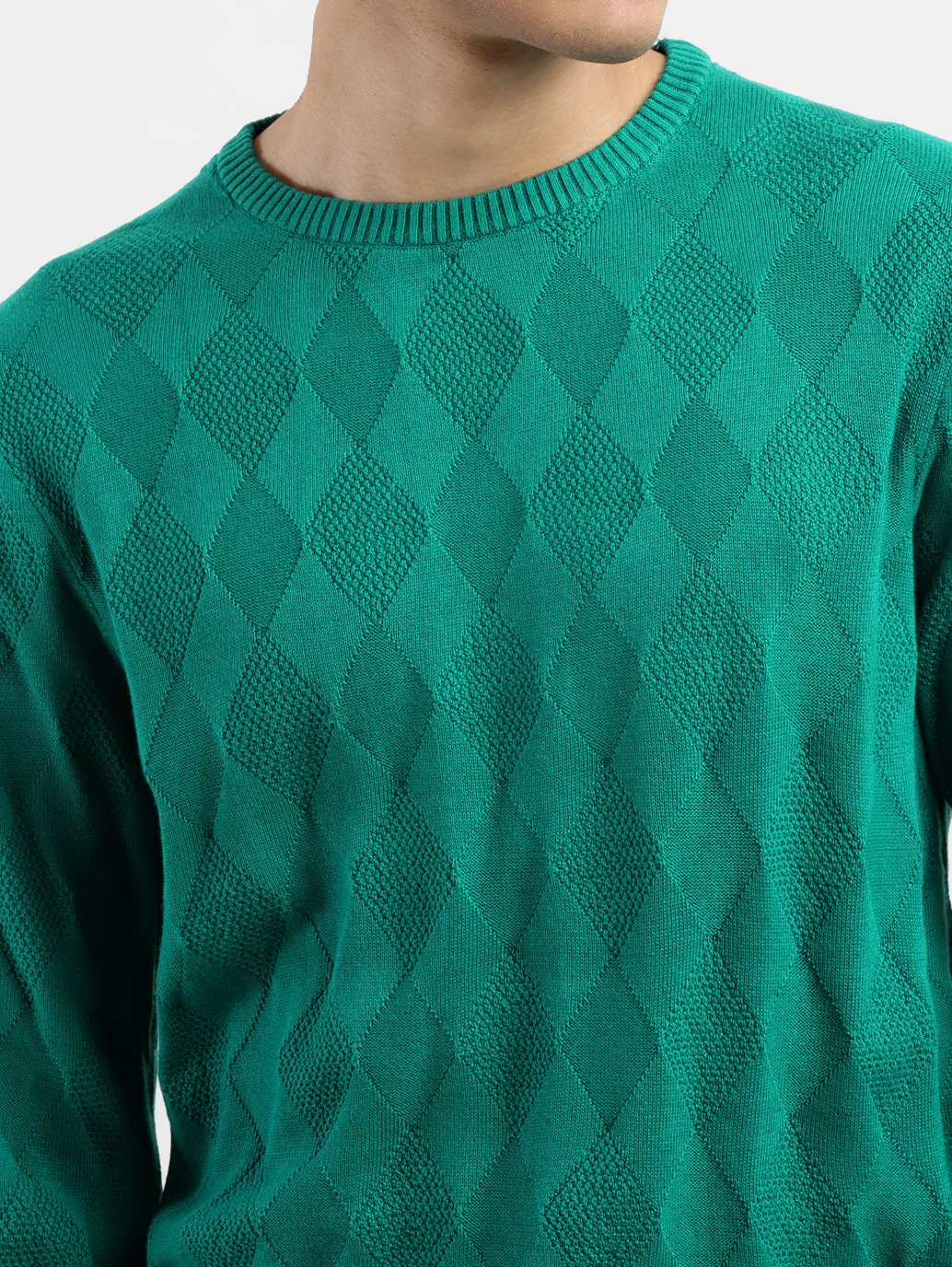 Men's Self Design Green Crew Neck Sweater