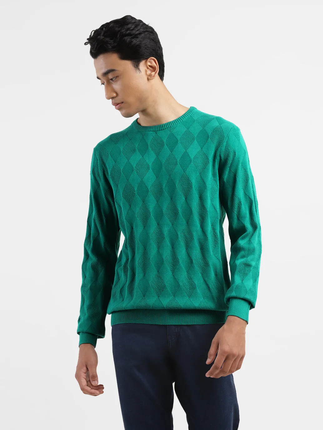 Men's Self Design Green Crew Neck Sweater