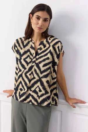 SAND COMBO BATIK MAZE SPLIT NECK TOP