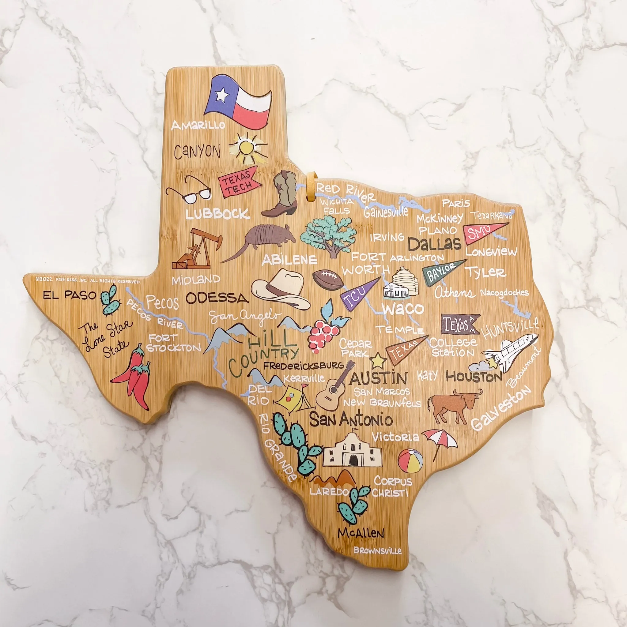 Texas State Shaped Cutting and Serving Board with Artwork by Fish Kiss